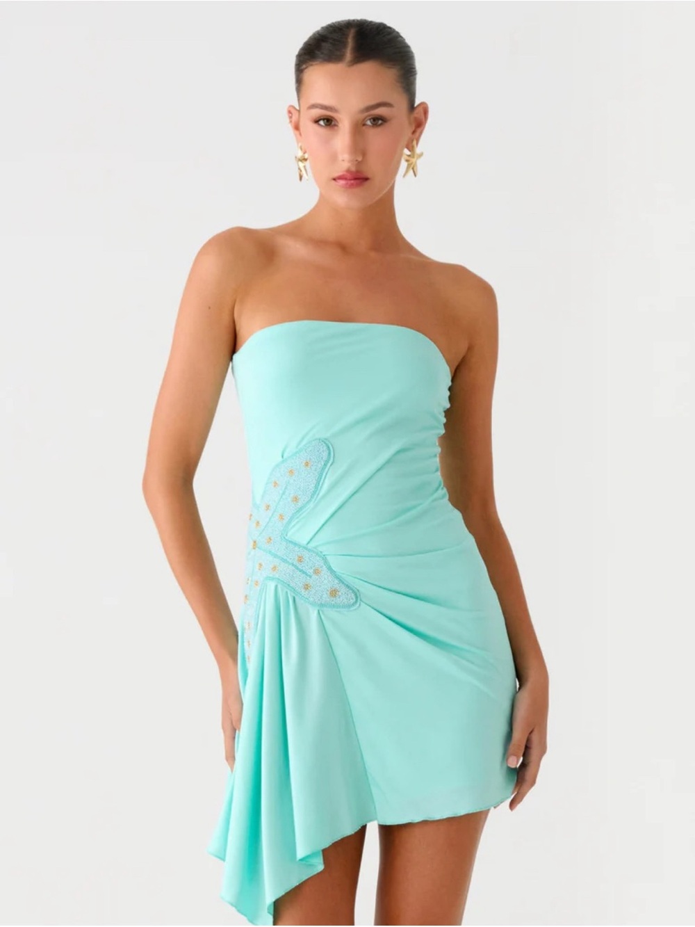 Peppermayo Strapless Aqua Mini Dress with Embellished Hip Detail